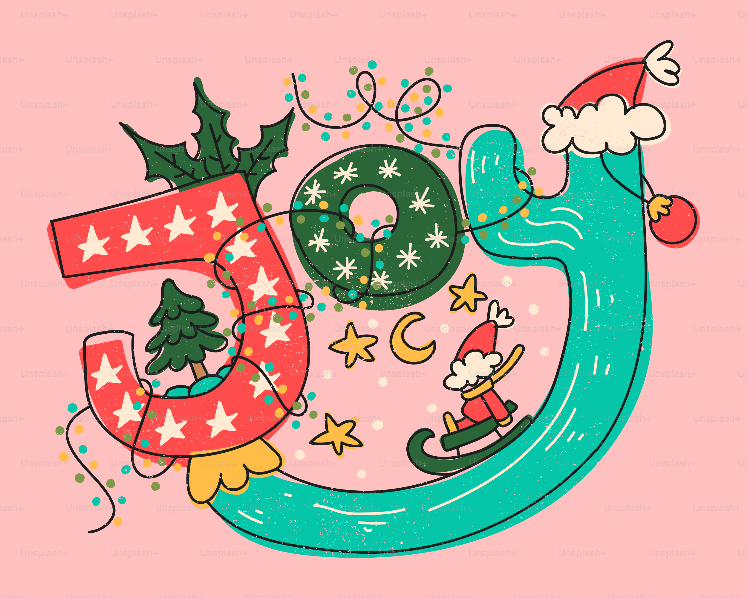 ピンクの背景にクリスマスの要素で飾られた「JOY」という言葉のイラスト