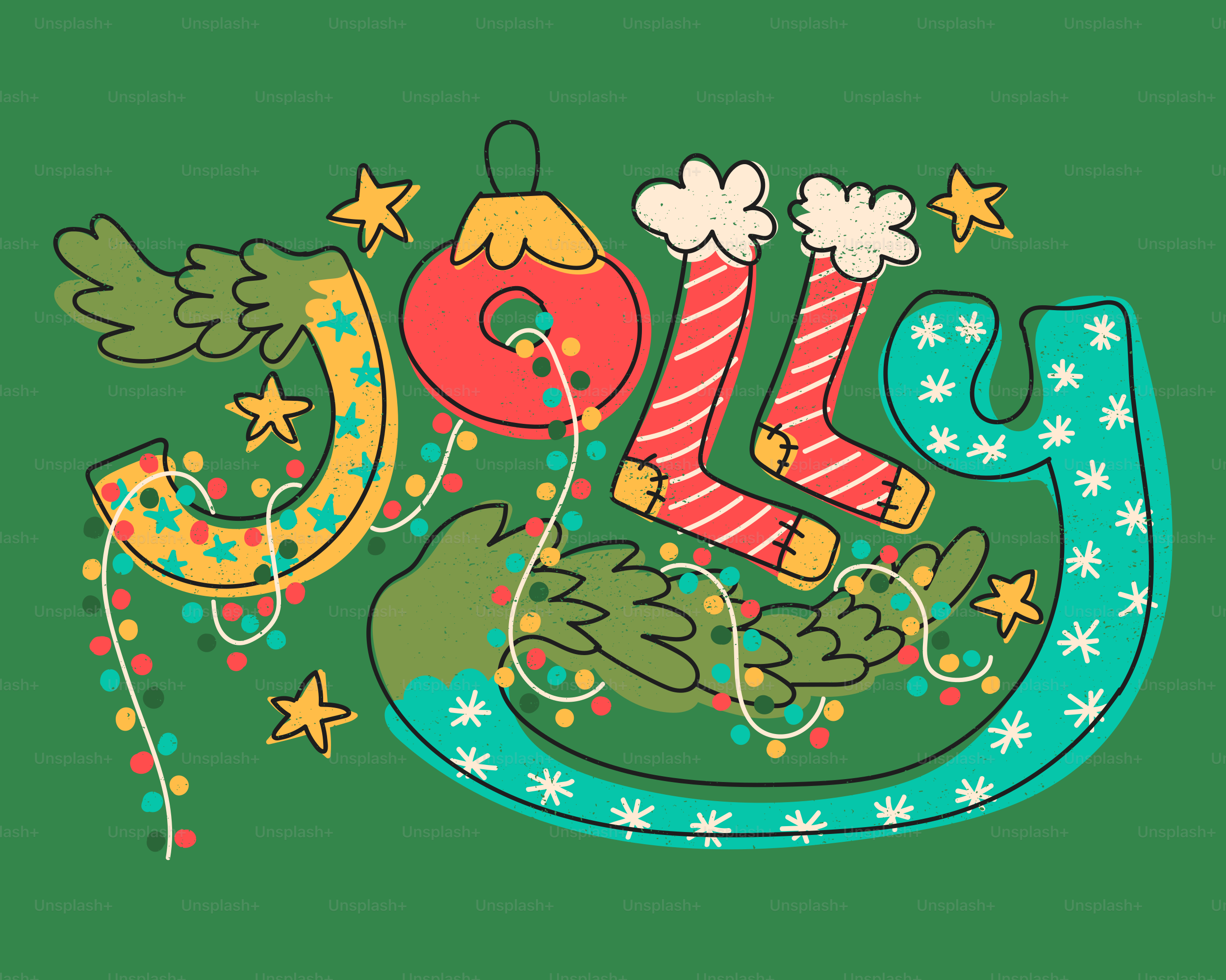 緑地にクリスマスオーナメント、縞模様のストッキング、ストリングライトで飾られた「JOLLY」という言葉のイラスト