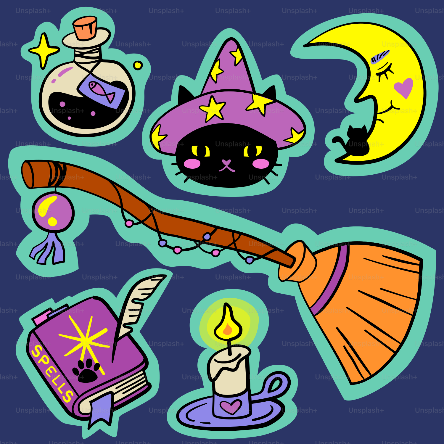 Una ilustración de una colección de brujería que incluye una poción, un gato, una luna, una escoba, un libro de hechizos y una vela