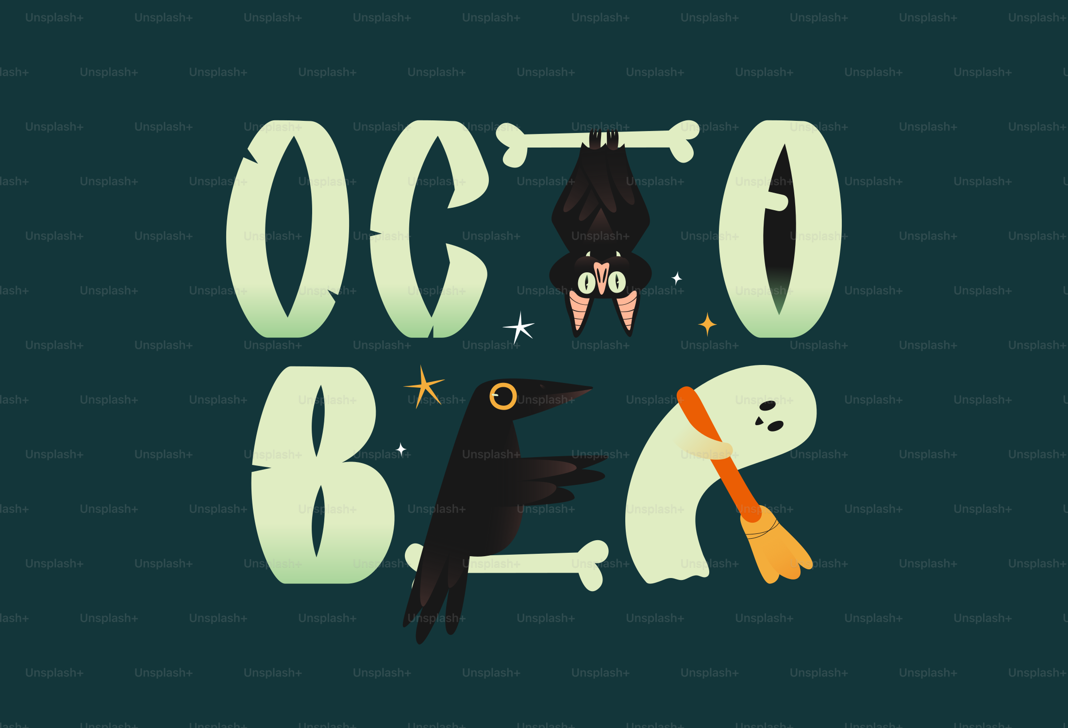 October typography with halloween characters - Vector Illustration on ...