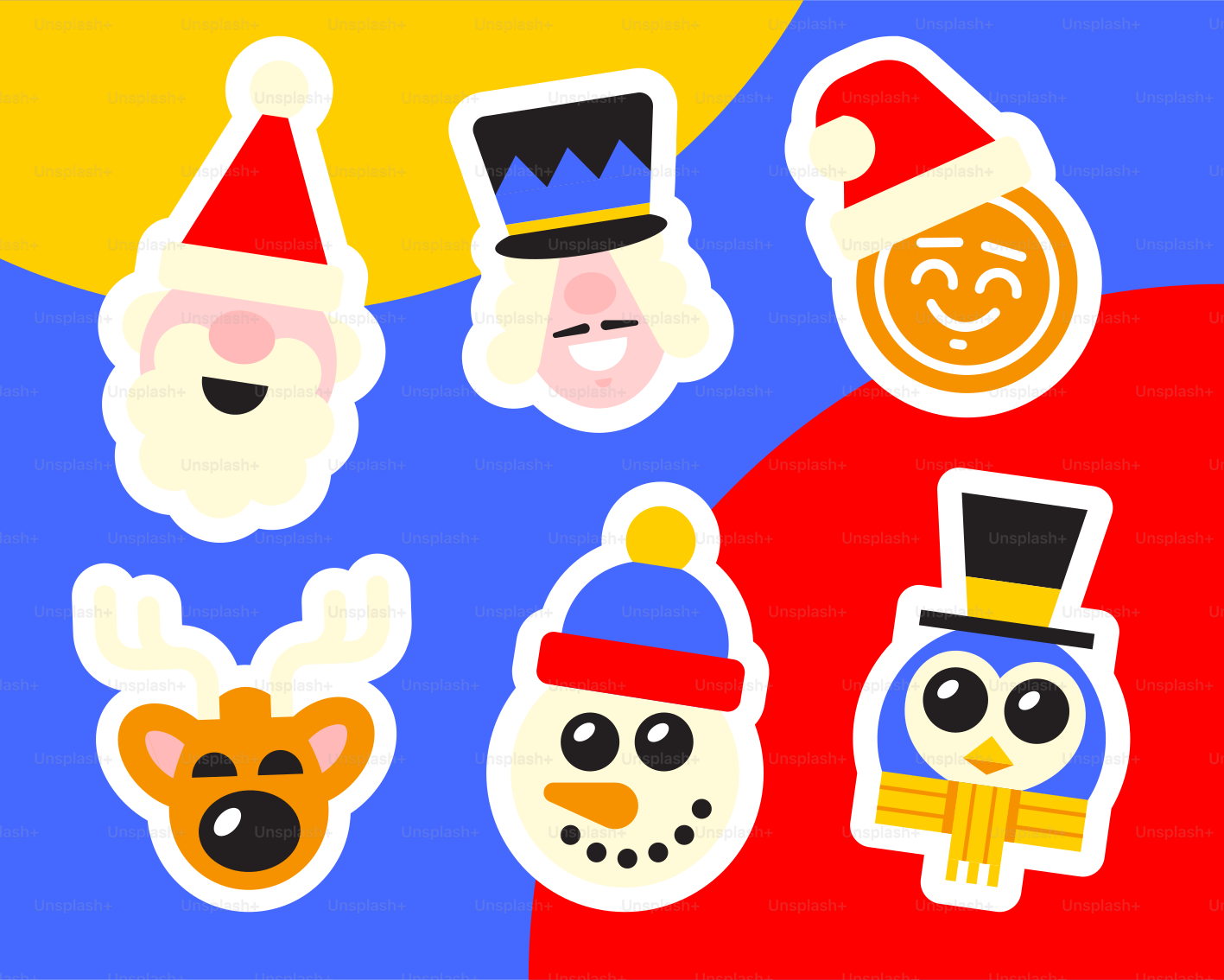 Christmas character stickers on colorful background - Vector ...