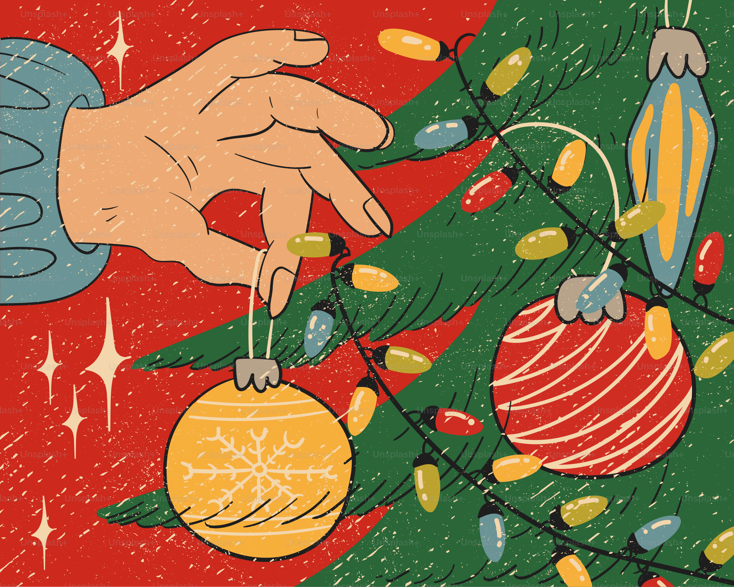 緑色のクリスマスツリーに黄色いオーナメントを置く手のイラスト
