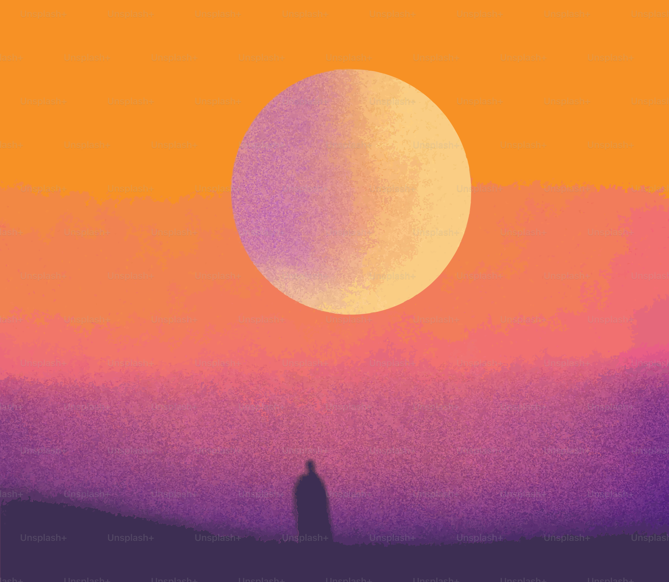 Person in silhouette against large moon - Vector Illustration on Unsplash+