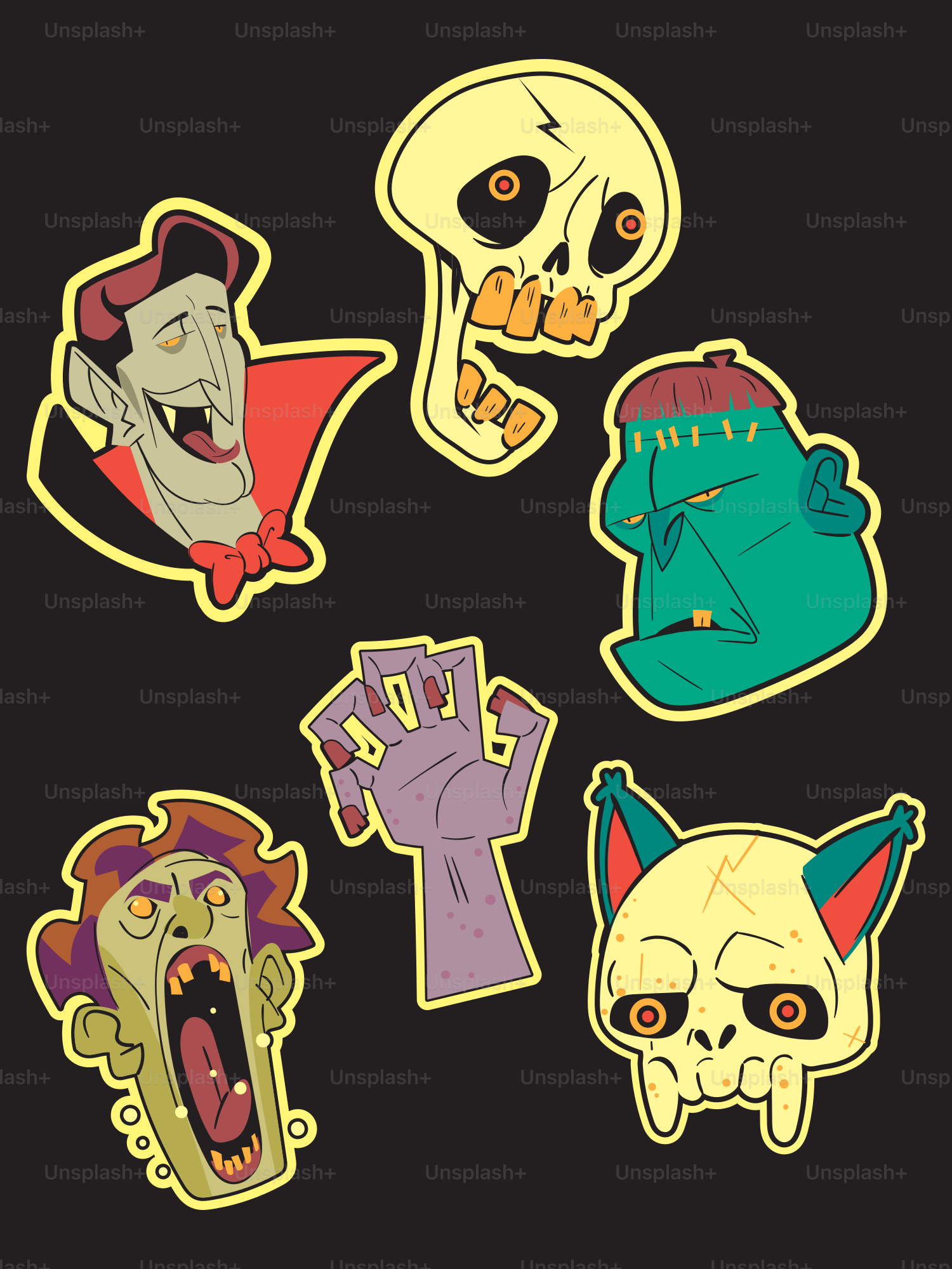 Halloween character stickers on black background - Vector Illustration ...