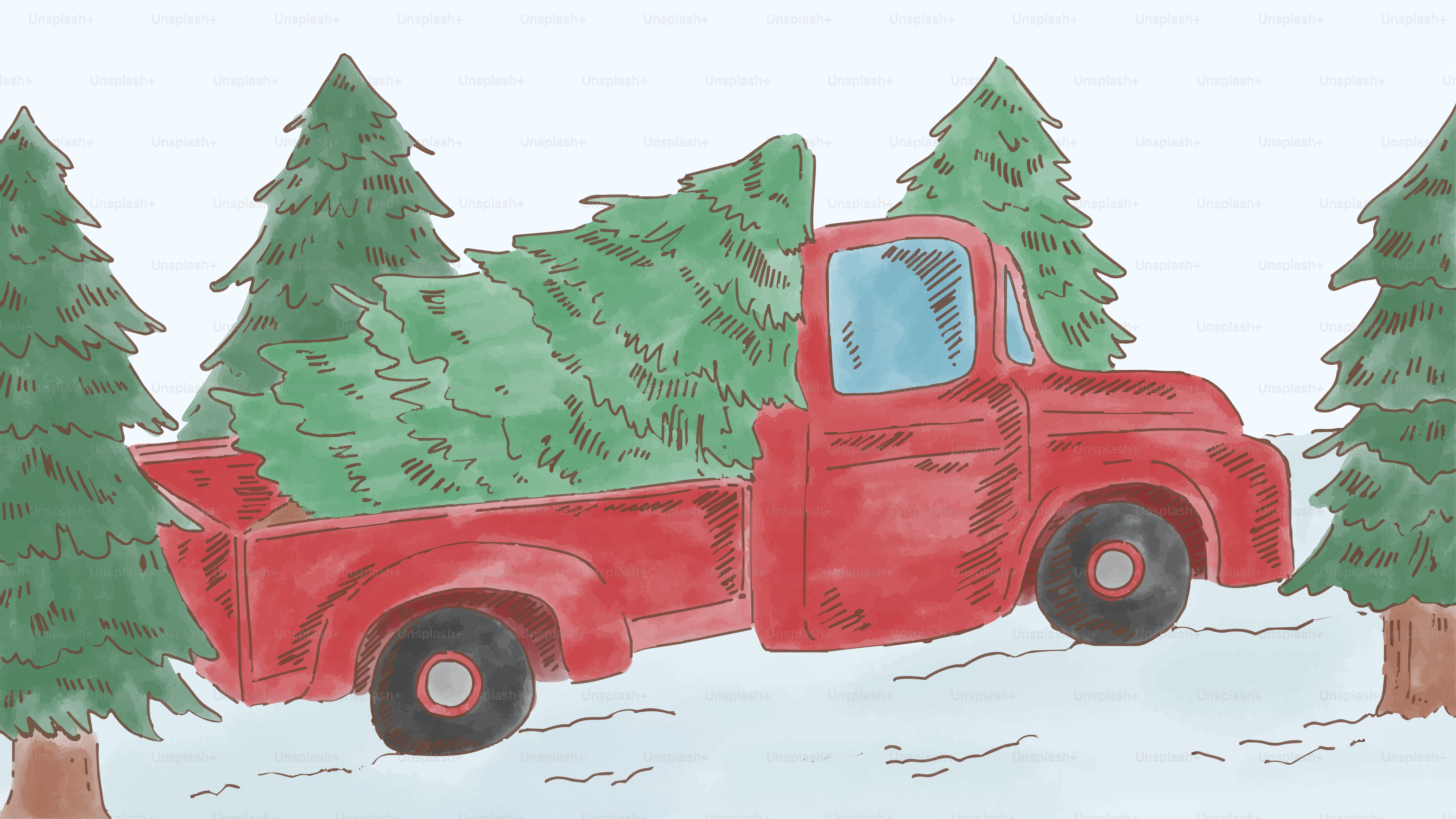 Red pickup truck with pine tree - Vector Illustration on Unsplash+