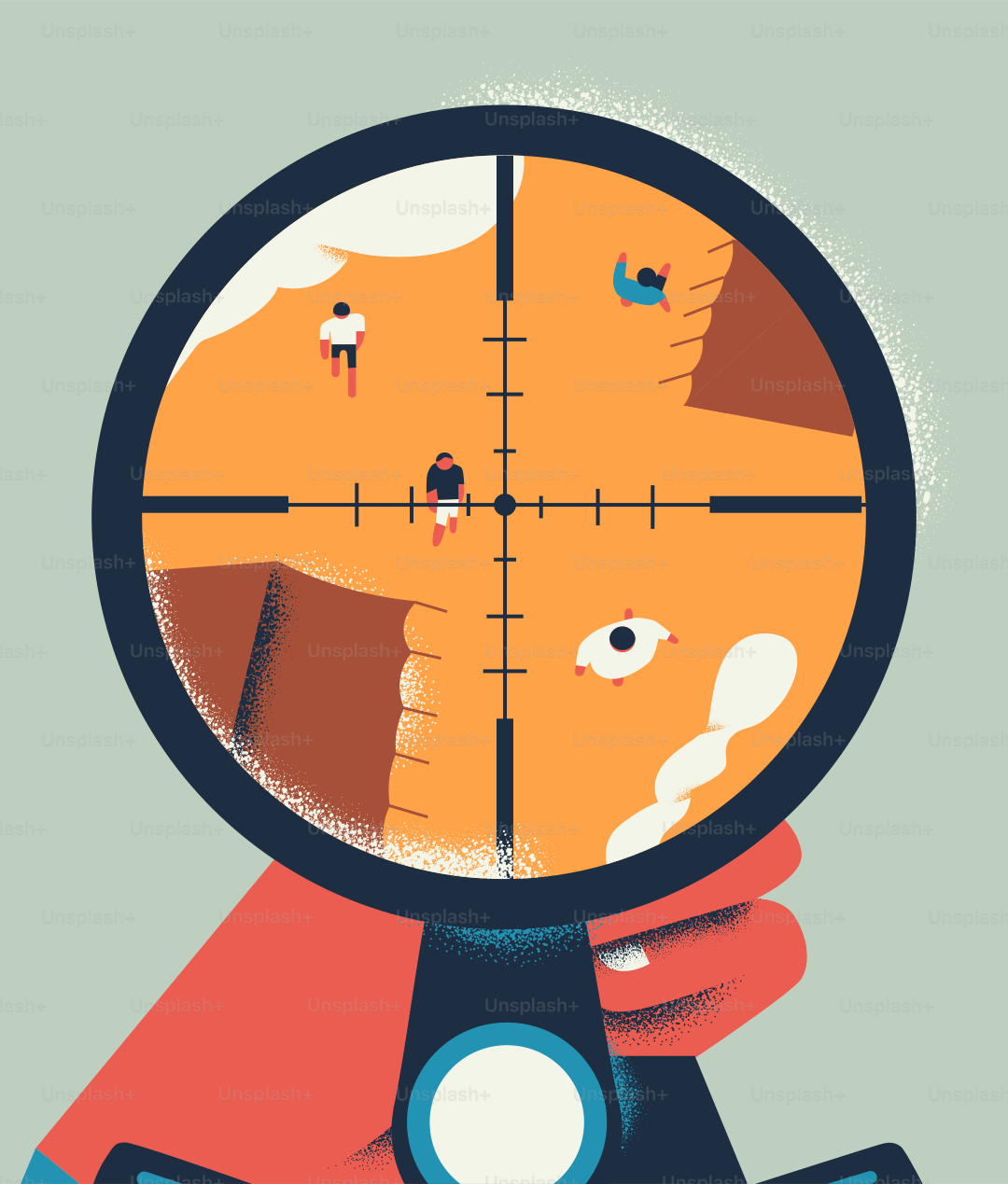 Hand holding magnifying glass over people - Vector Illustration on ...