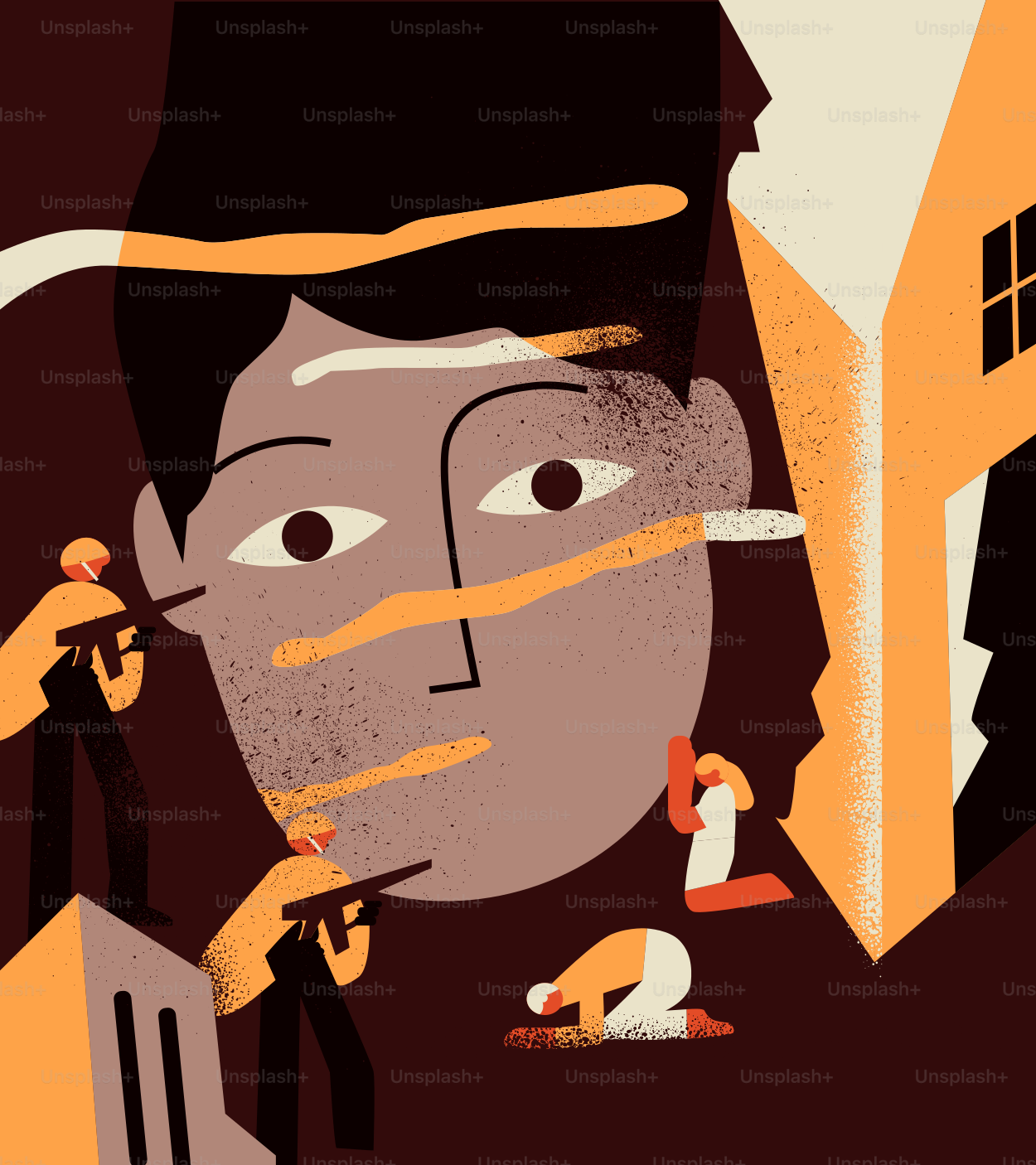Stylized face surrounded by armed soldiers - Vector Illustration on ...